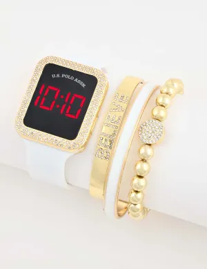 LADIES LED SQUARE EMBELLISHED WATCH & BRACELETS SET