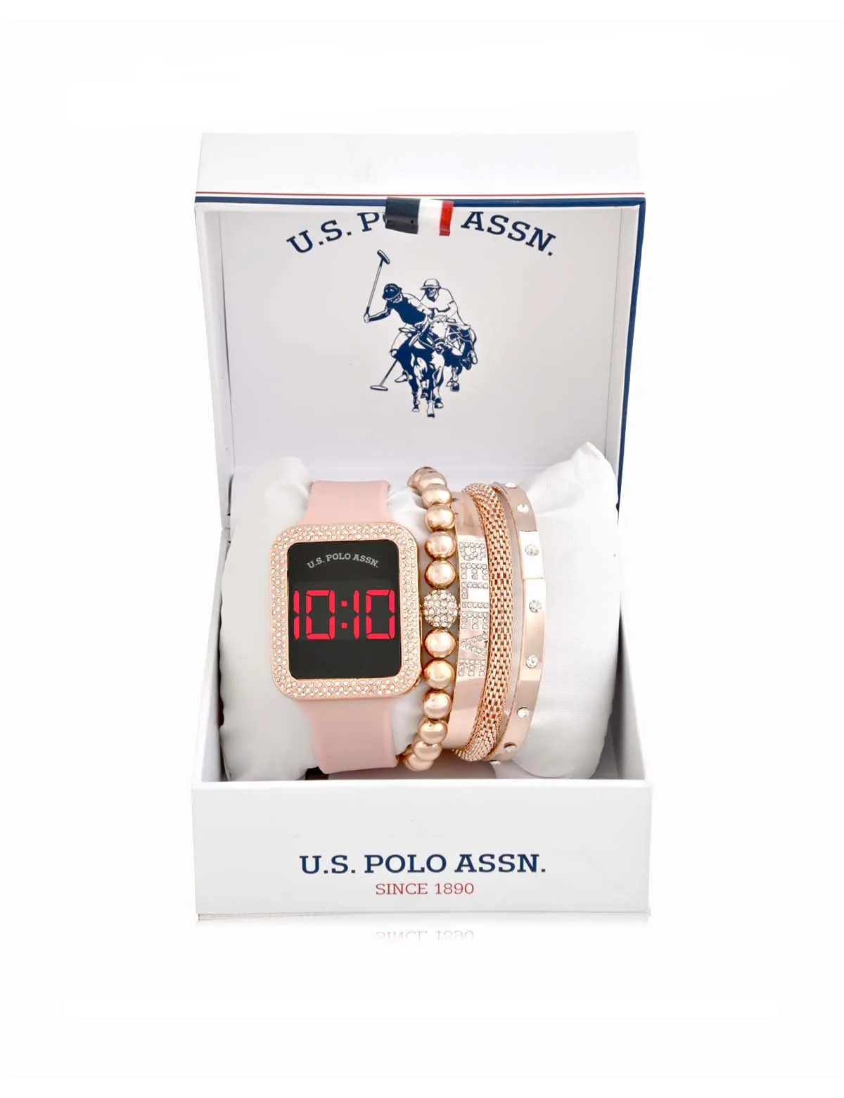LADIES LED SQUARE EMBELLISHED WATCH & BRACELETS SET