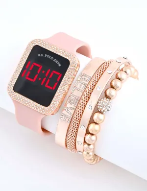 LADIES LED SQUARE EMBELLISHED WATCH & BRACELETS SET