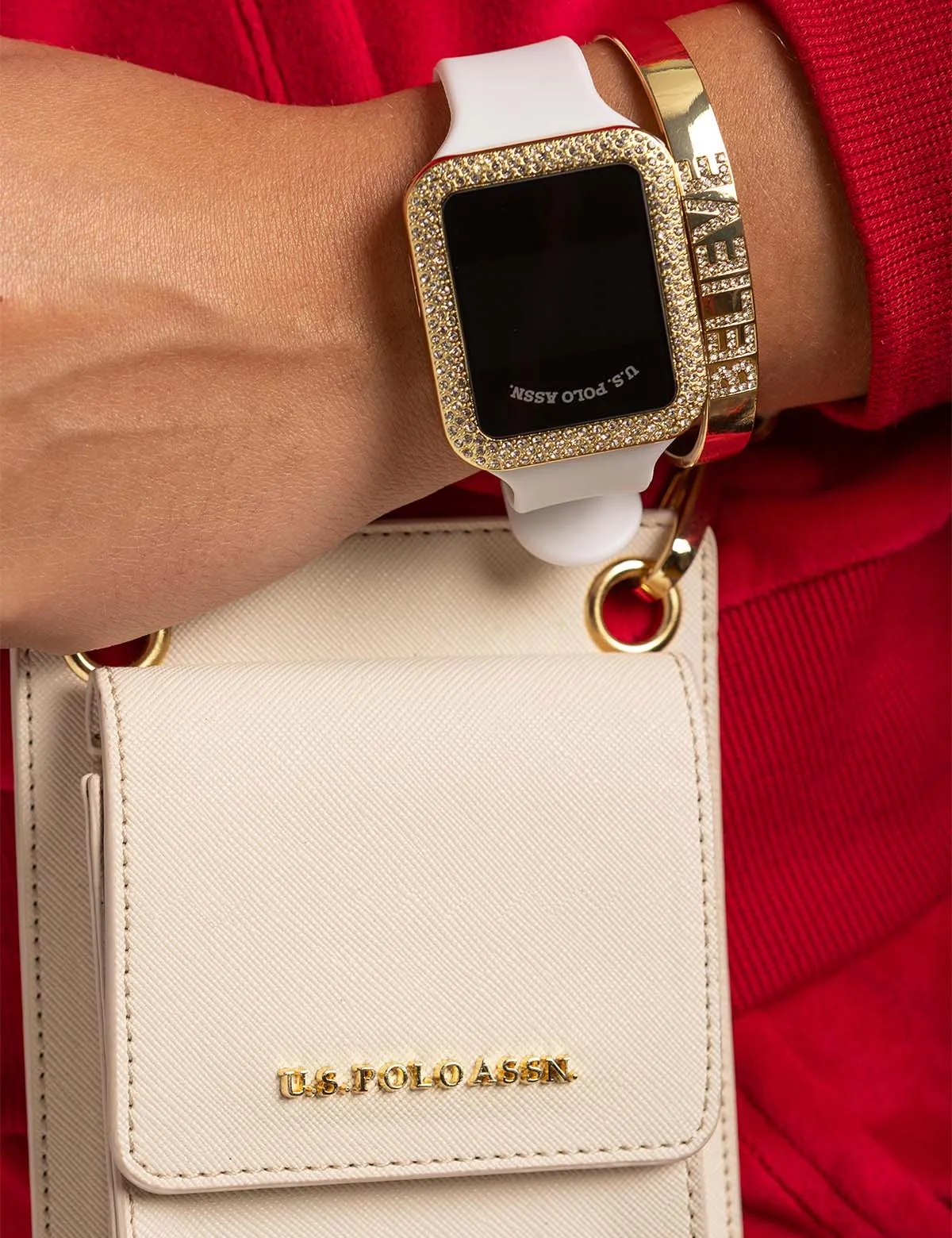 LADIES LED SQUARE EMBELLISHED WATCH & BRACELETS SET