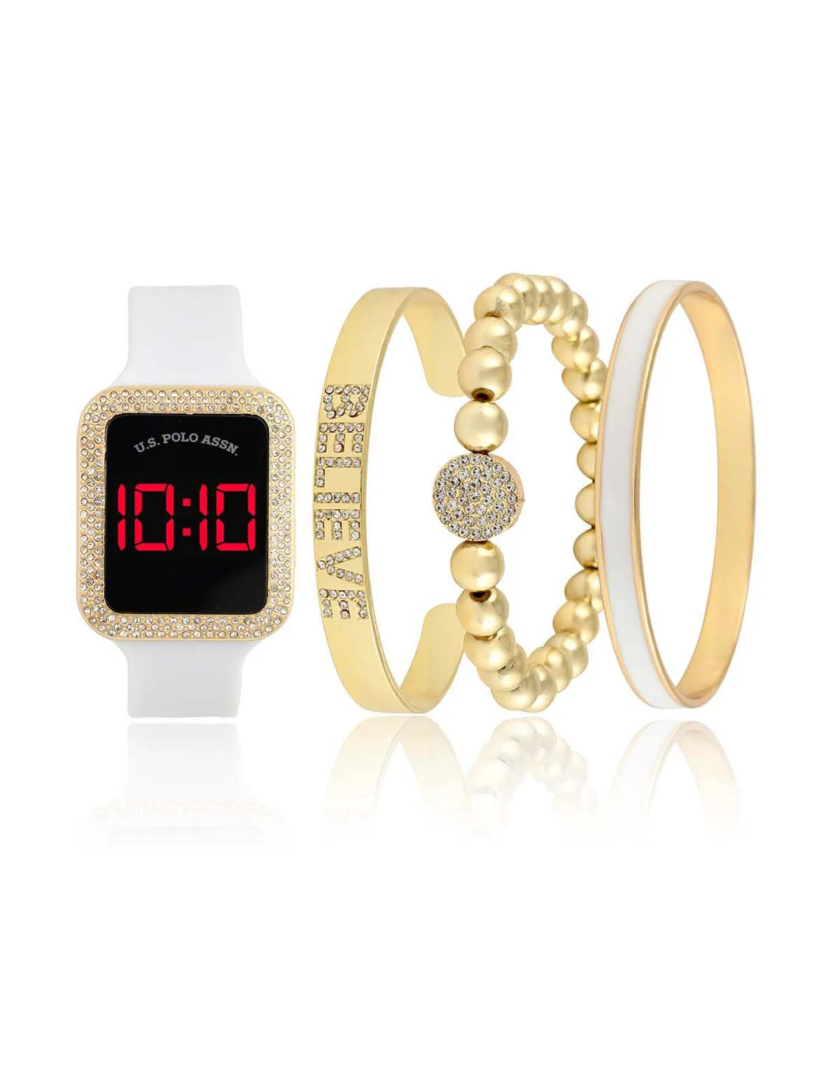 LADIES LED SQUARE EMBELLISHED WATCH & BRACELETS SET