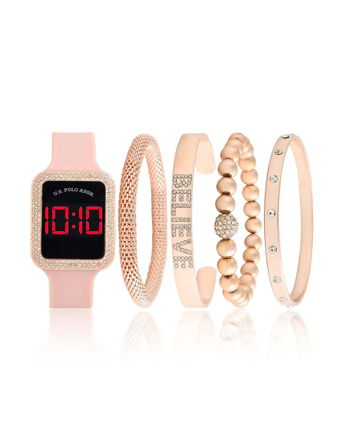 LADIES LED SQUARE EMBELLISHED WATCH & BRACELETS SET