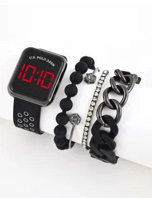 LADIES LED SQUARE FACE WATCH & STACKABLE BRACELETS SET