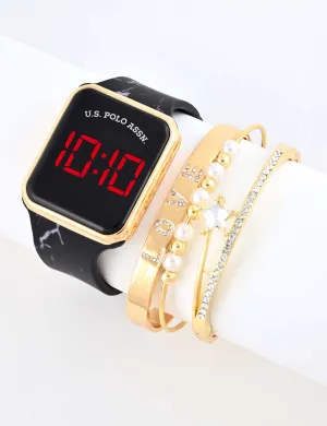 LADIES LED SQUARE FACE WATCH & STACKABLE BRACELETS SET