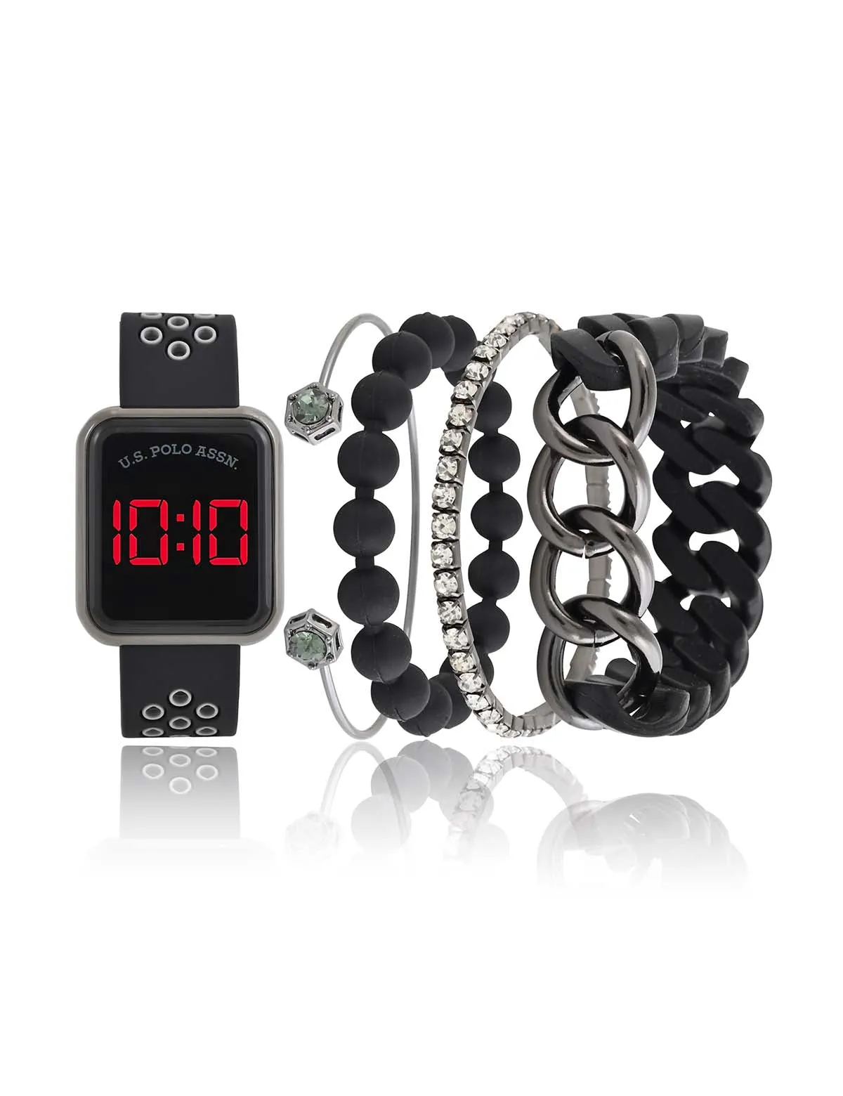 LADIES LED SQUARE FACE WATCH & STACKABLE BRACELETS SET