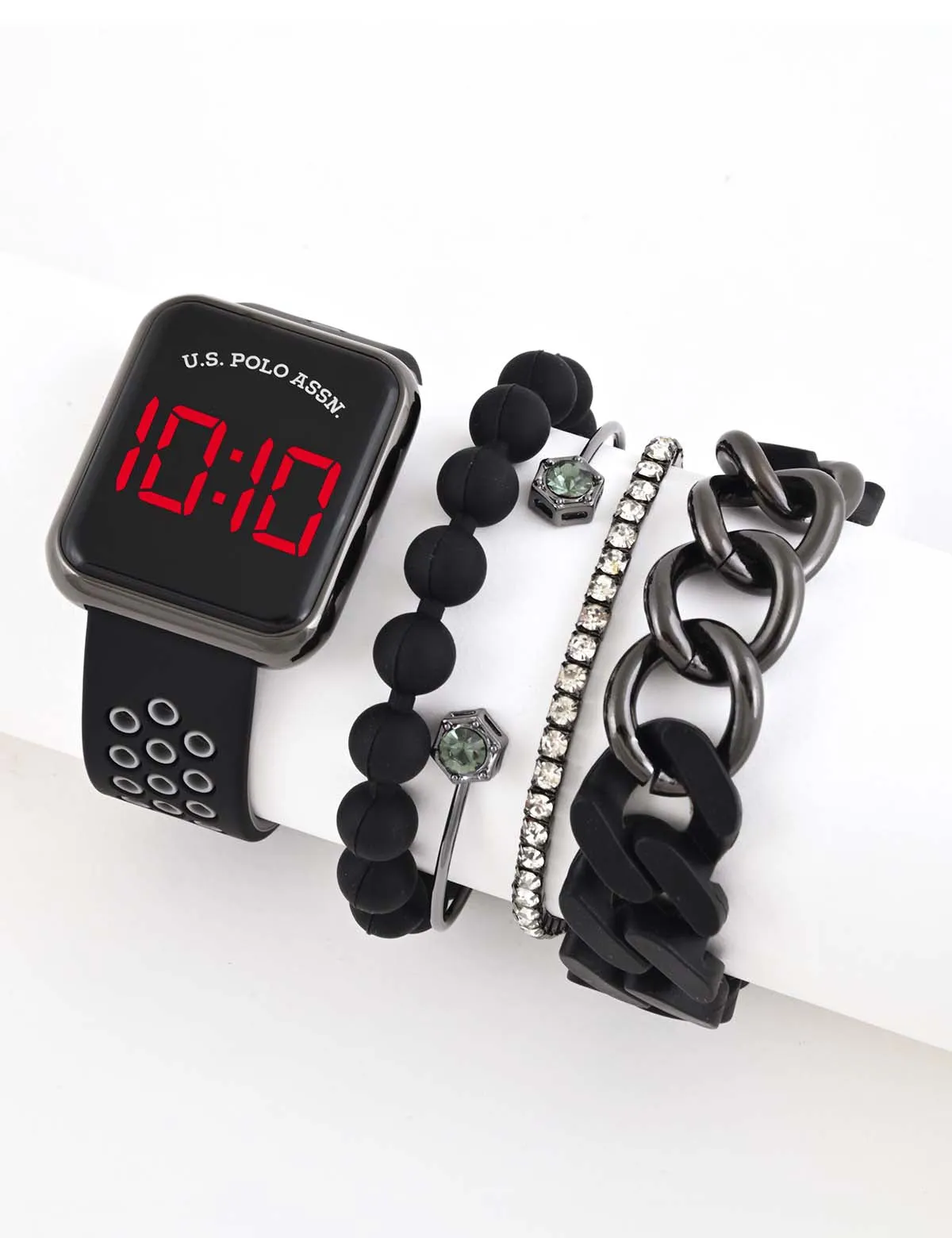 LADIES LED SQUARE FACE WATCH & STACKABLE BRACELETS SET