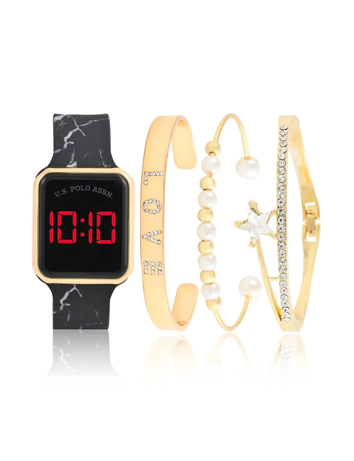 LADIES LED SQUARE FACE WATCH & STACKABLE BRACELETS SET