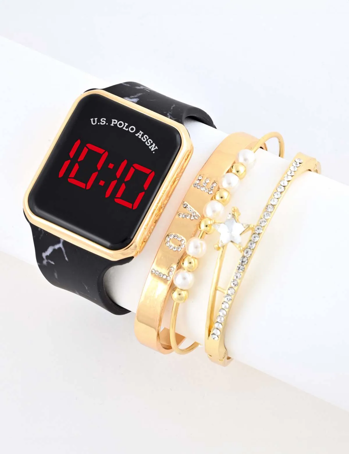 LADIES LED SQUARE FACE WATCH & STACKABLE BRACELETS SET