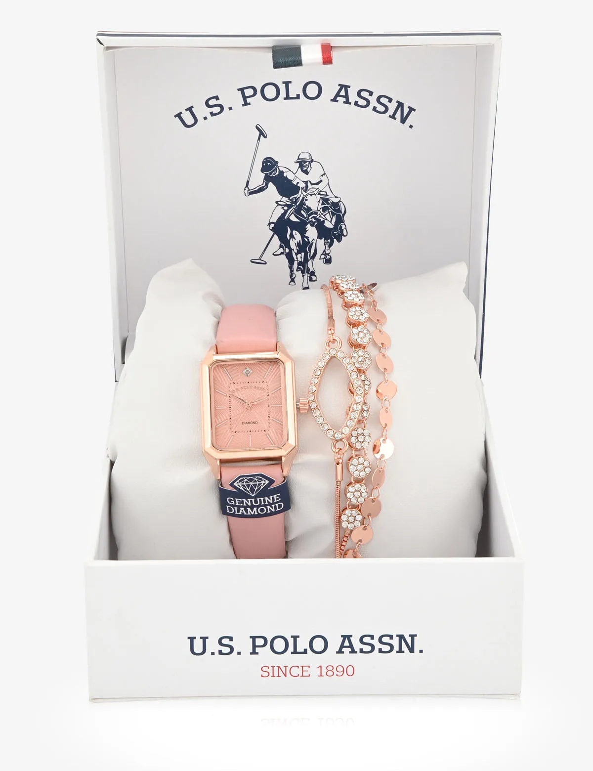 LADIES PINK SQUARE WATCH AND BRACELETS SET