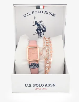 LADIES PINK SQUARE WATCH AND BRACELETS SET