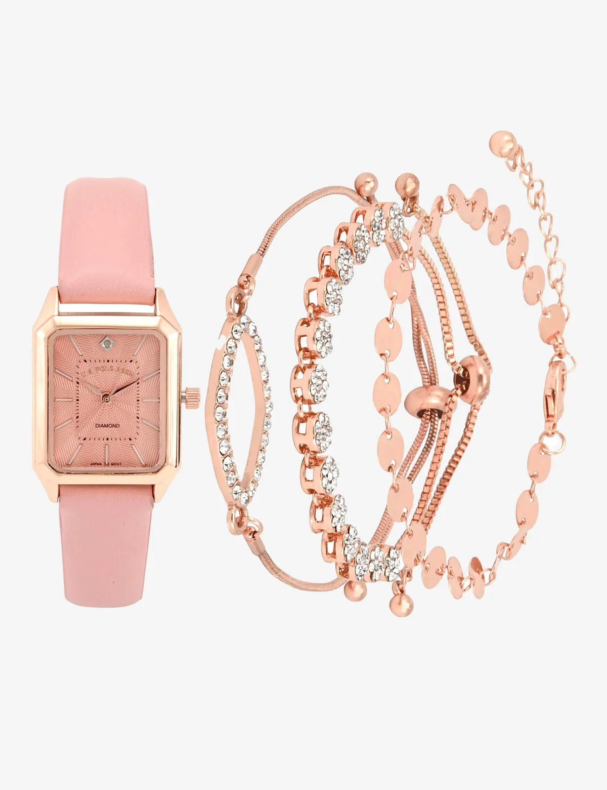 LADIES PINK SQUARE WATCH AND BRACELETS SET