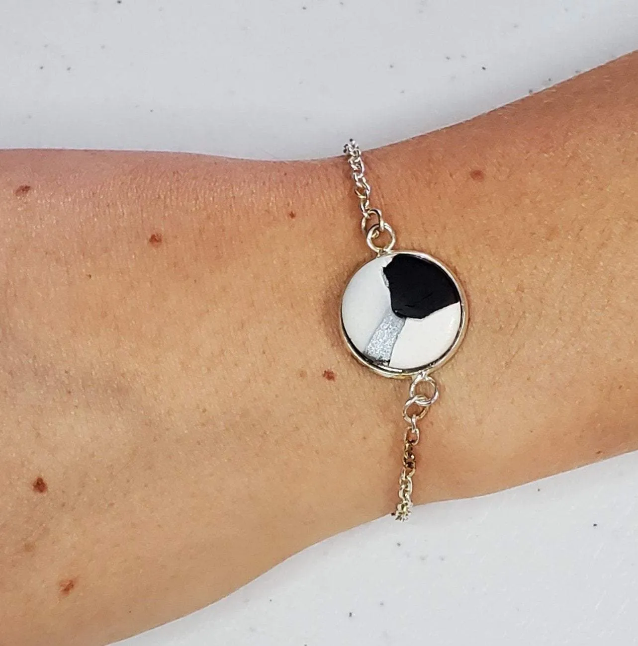 Large Charm Link Bracelet - Black & White  Inlay Bracelet - Marble  bracelet