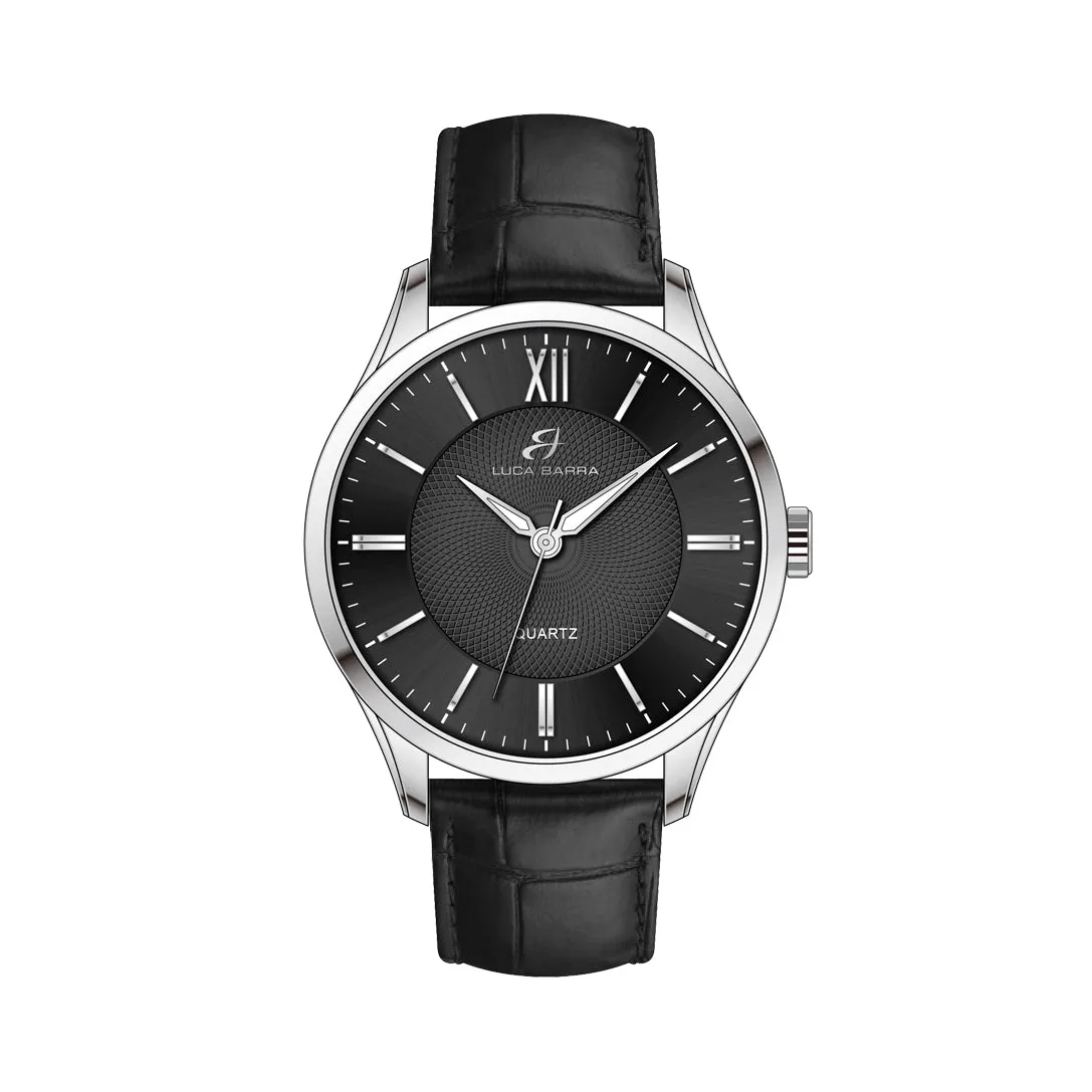 Luca Barra Gents Steel Watch With Black Leather Strap