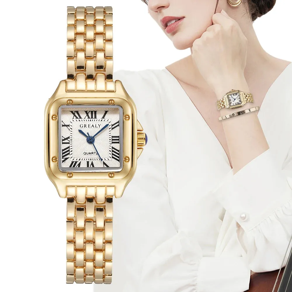 Luxury Square Watch with Gold Alloy Strap & Roman Numerals