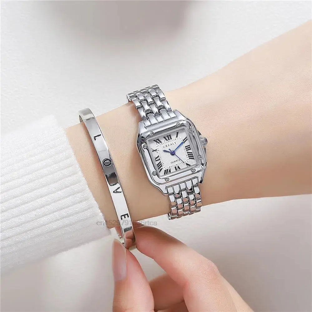 Luxury Square Watch with Gold Alloy Strap & Roman Numerals