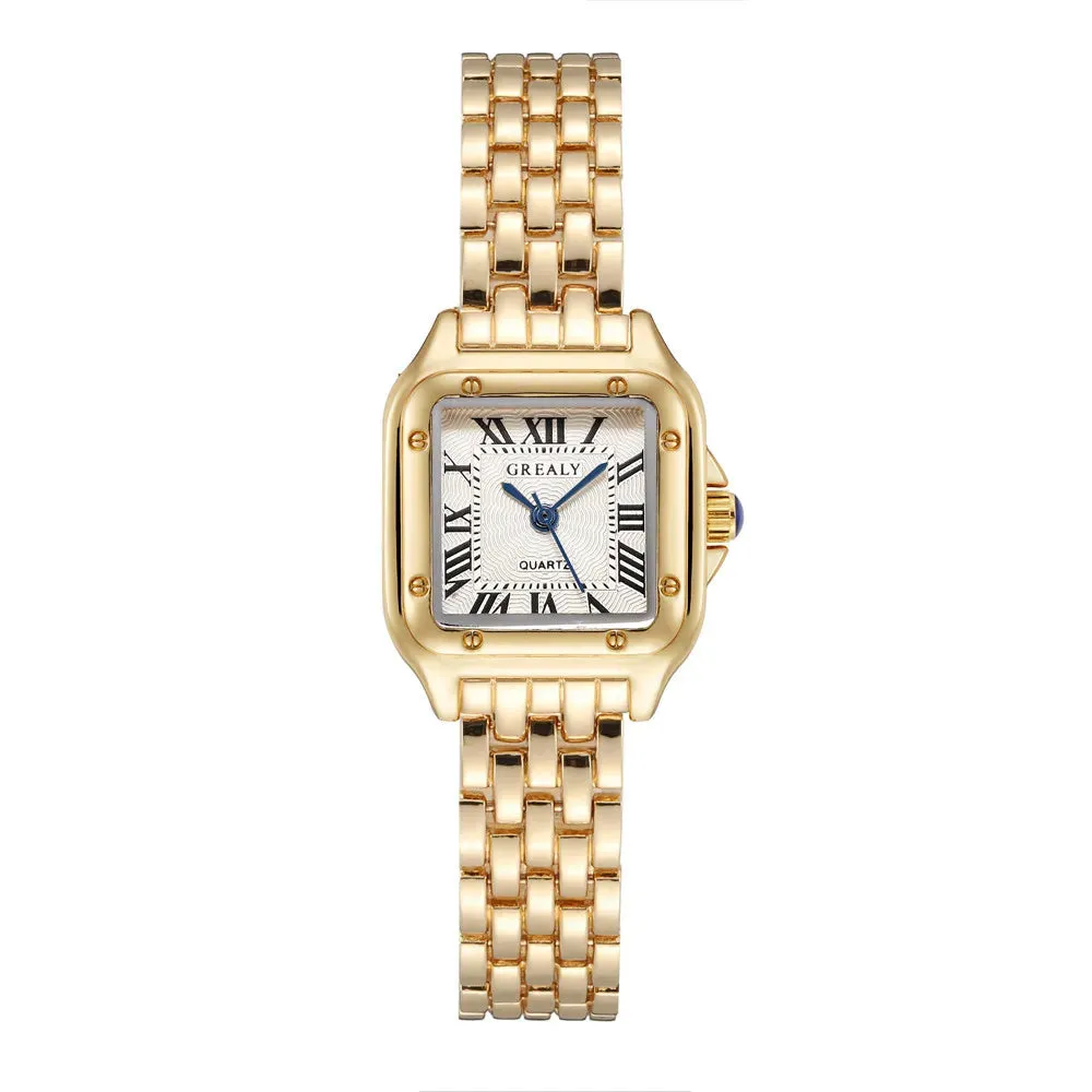 Luxury Square Watch with Gold Alloy Strap & Roman Numerals