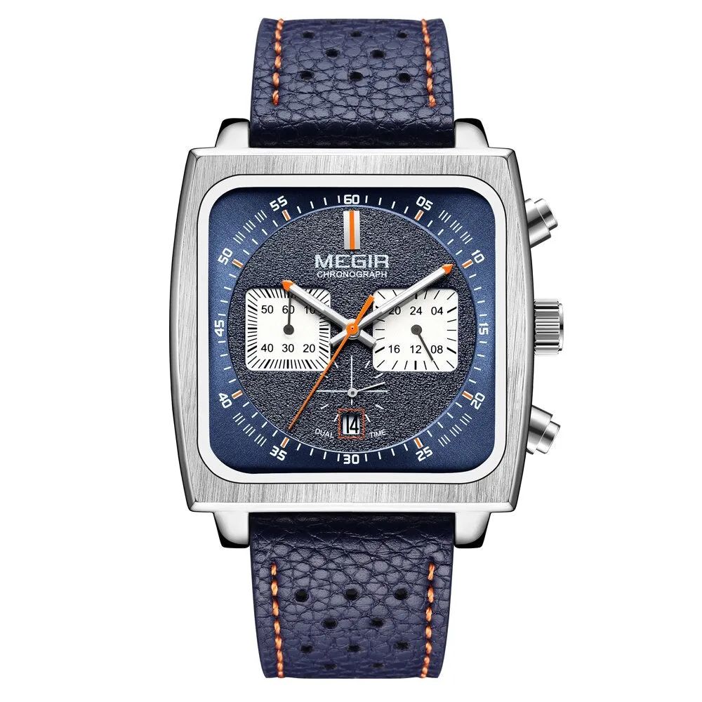 MEGIR Fashion Blue Leathe Watch Men Top Brand Luxury Square Dial Chronograph  Military Quartz Watches for Man with Date 24-hour