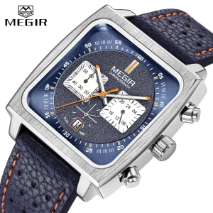 MEGIR Fashion Blue Leathe Watch Men Top Brand Luxury Square Dial Chronograph  Military Quartz Watches for Man with Date 24-hour