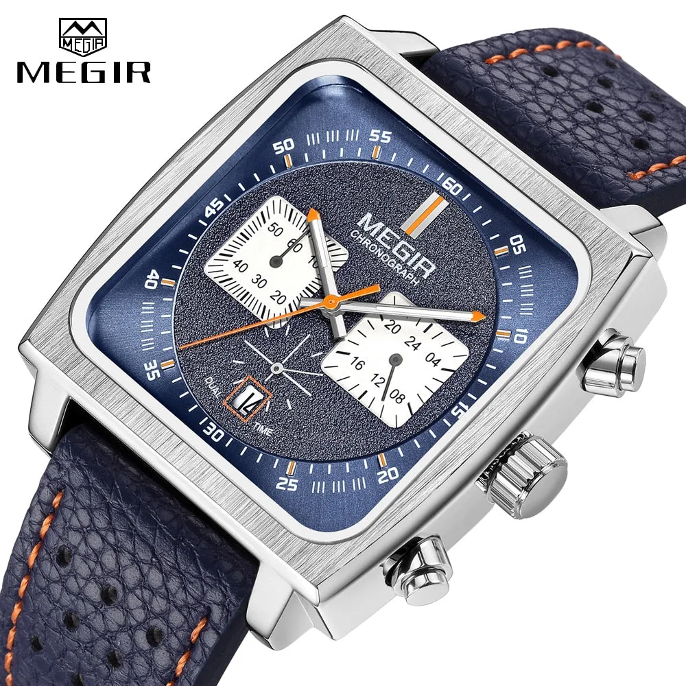 MEGIR Fashion Blue Leathe Watch Men Top Brand Luxury Square Dial Chronograph  Military Quartz Watches for Man with Date 24-hour