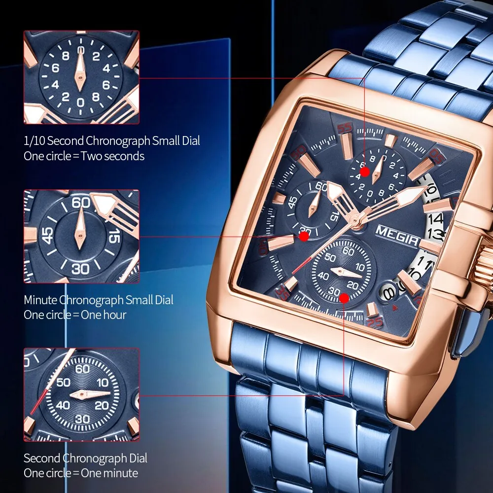 MEGIR Fashion Chronograph Watches Top Luxury Brand Stainless Steel Waterproof Quartz Watch Men Business Date Wristwatches