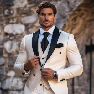 Men's 3-Piece Ivory Suit with Peak Lapel & Black Tuxedo | Wedding & Groom Attire