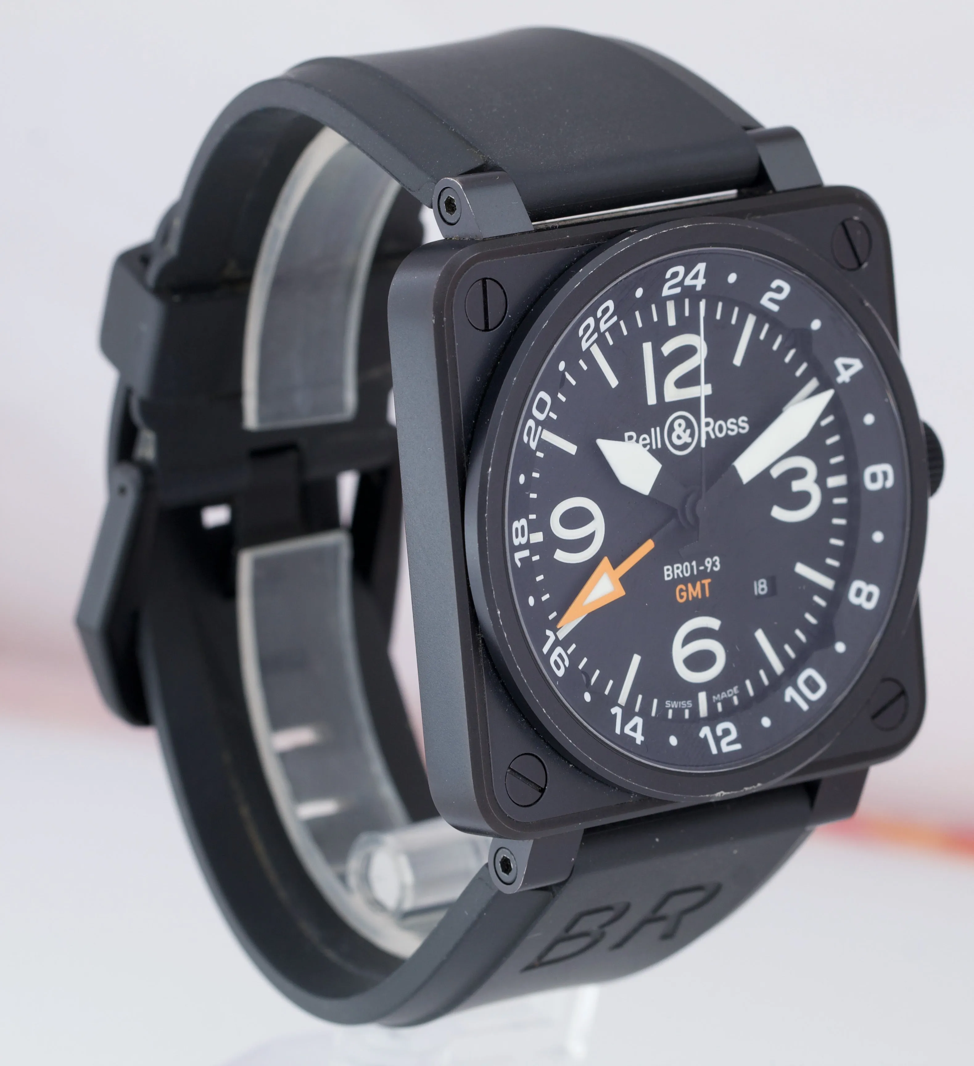 Men's Bell & Ross BR01-93 GMT Black PVD Stainless Steel Orange 46mm Square Watch