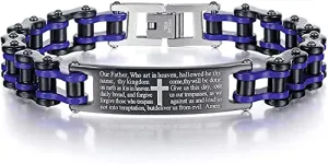 Mens Motorcycle Bike Link Chain Lord's Prayer English Christian Cross Bracelet Size 8 Inch or Size 9 Inch