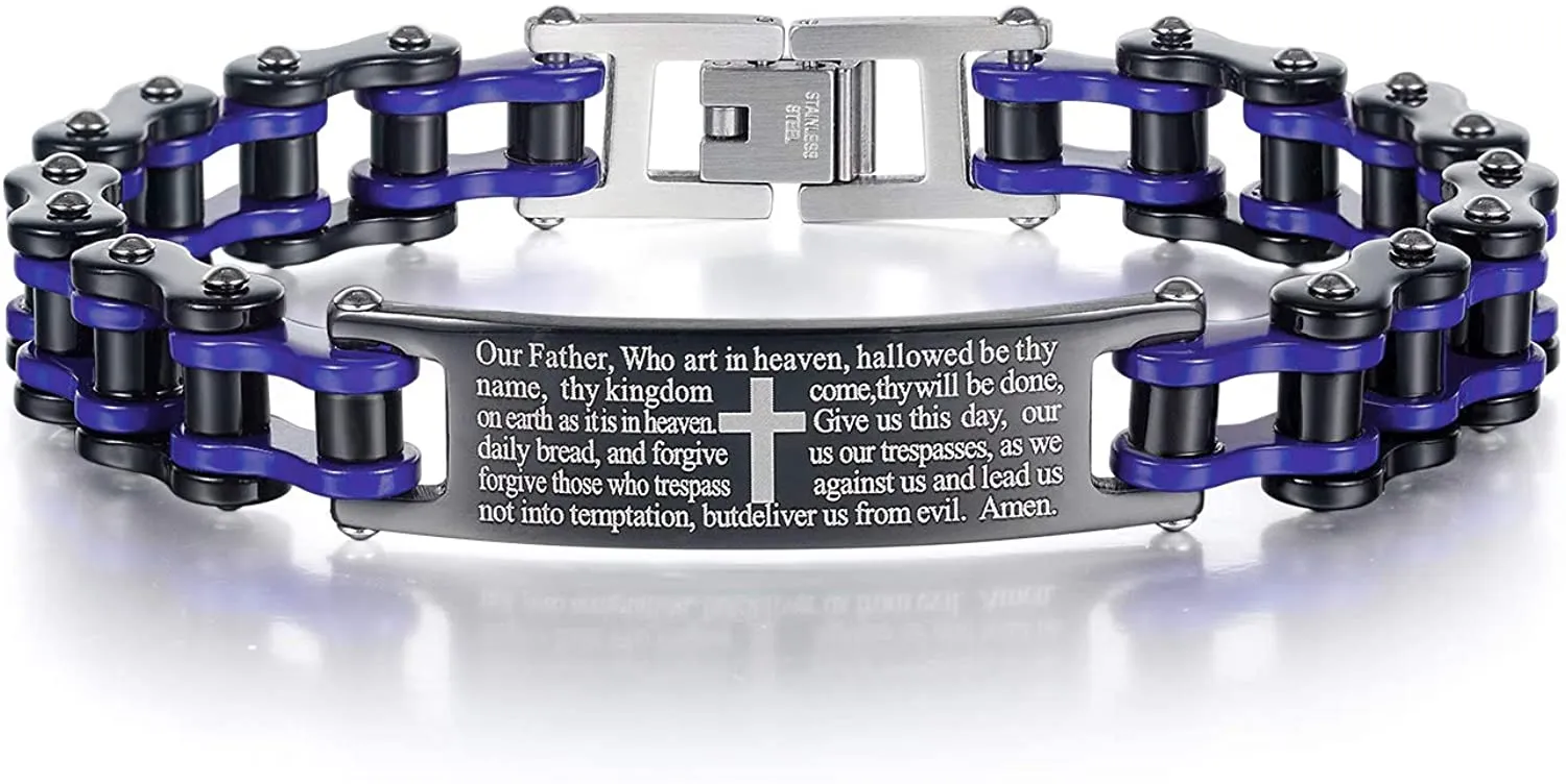 Mens Motorcycle Bike Link Chain Lord's Prayer English Christian Cross Bracelet Size 8 Inch or Size 9 Inch