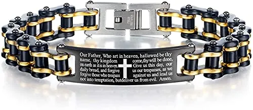 Mens Motorcycle Bike Link Chain Lord's Prayer English Christian Cross Bracelet Size 8 Inch or Size 9 Inch