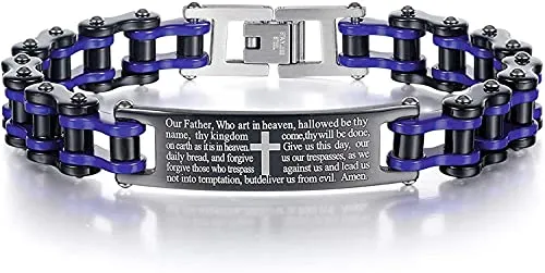 Mens Motorcycle Bike Link Chain Lord's Prayer English Christian Cross Bracelet Size 8 Inch or Size 9 Inch