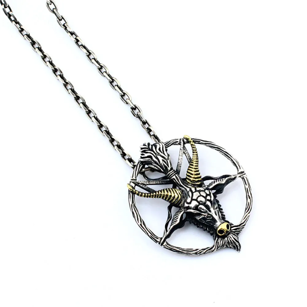 Men's Real Solid 925 Sterling Silver Necklaces Pendants Goat Head Devil Five-Pointed Star