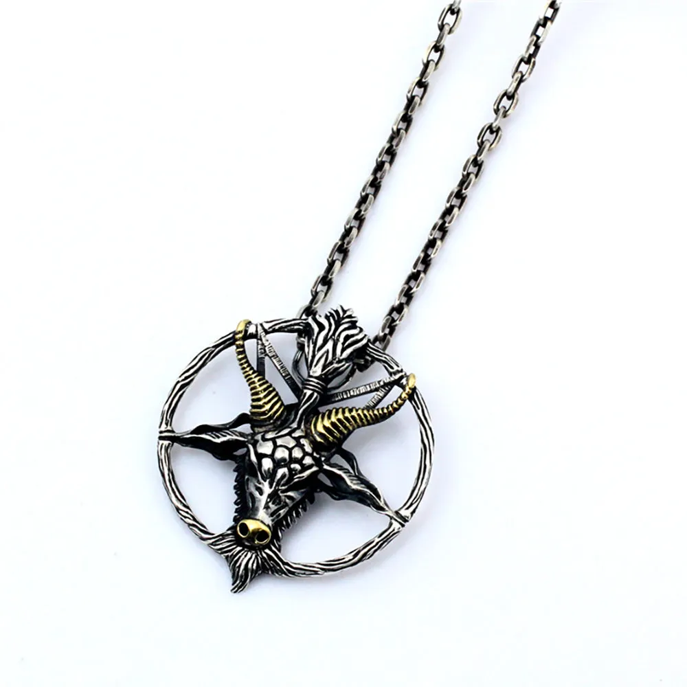 Men's Real Solid 925 Sterling Silver Necklaces Pendants Goat Head Devil Five-Pointed Star