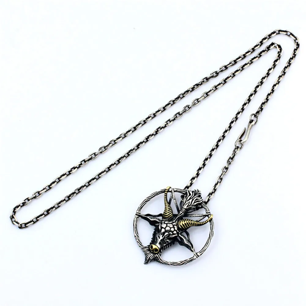 Men's Real Solid 925 Sterling Silver Necklaces Pendants Goat Head Devil Five-Pointed Star