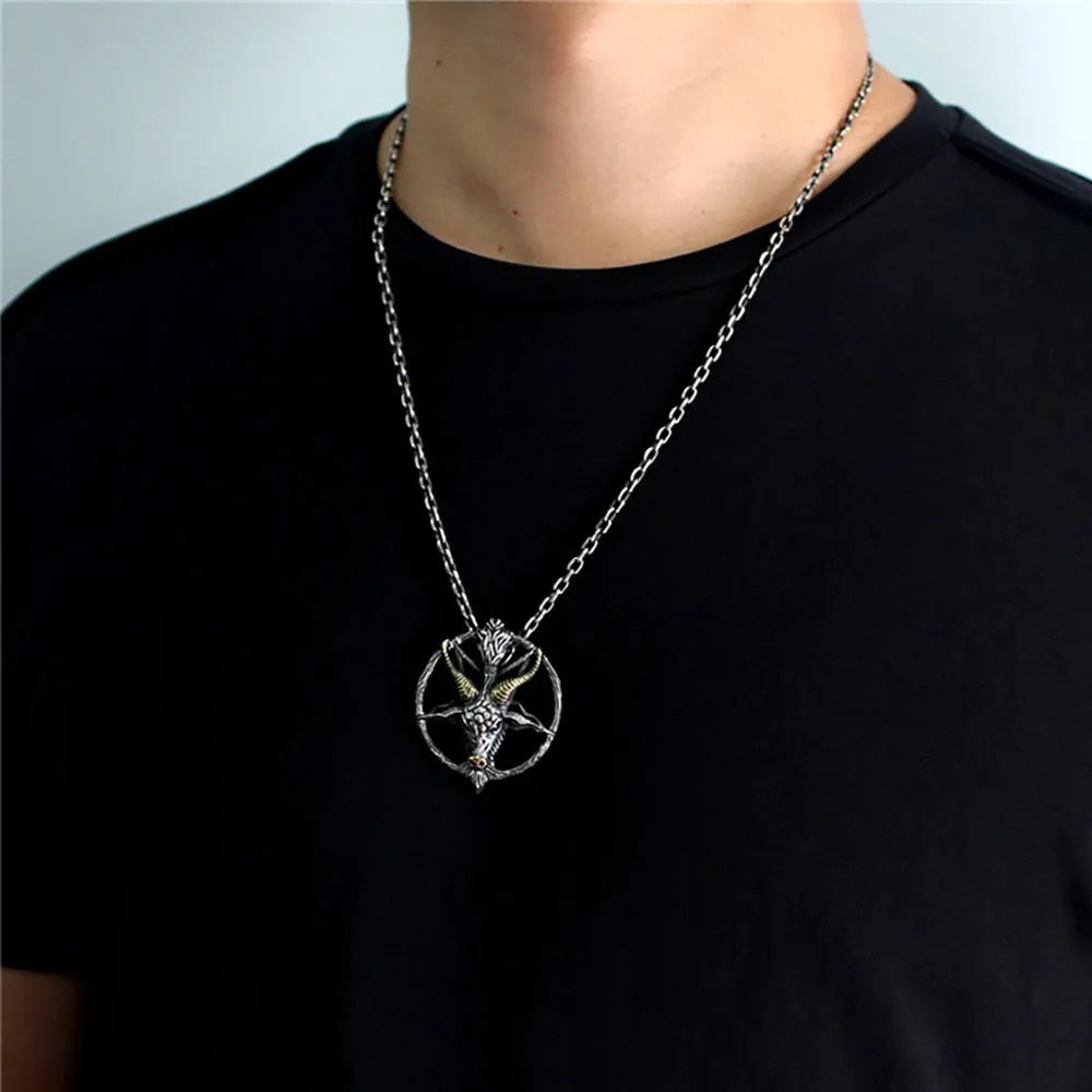 Men's Real Solid 925 Sterling Silver Necklaces Pendants Goat Head Devil Five-Pointed Star