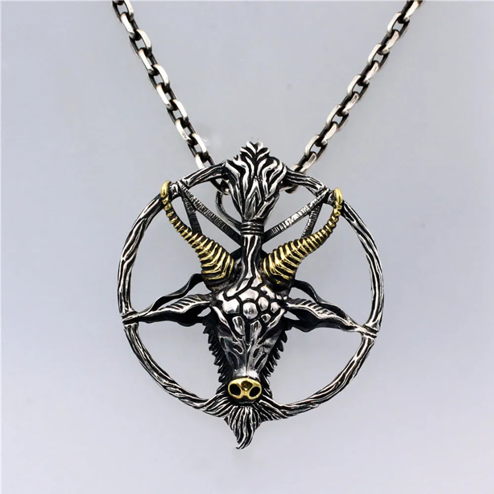 Men's Real Solid 925 Sterling Silver Necklaces Pendants Goat Head Devil Five-Pointed Star