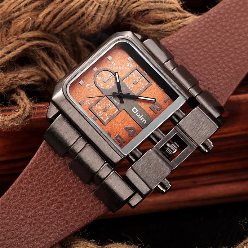 Men's Wrist Watches Luxury Design Oulm Quartz Watch Men Square Dial Leather Strap Male Military Antique Clock