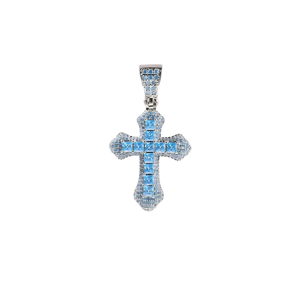 Metal Cross Pendant With Square Gem Accents