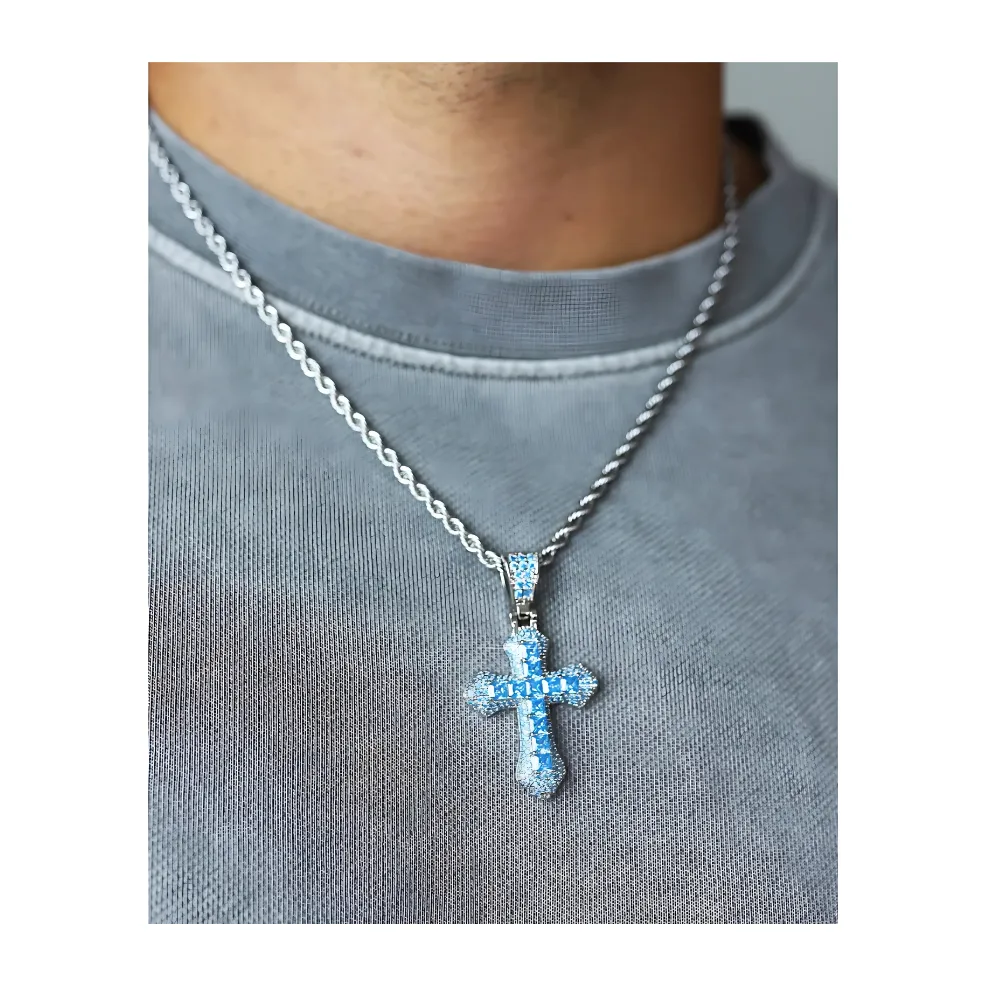 Metal Cross Pendant With Square Gem Accents