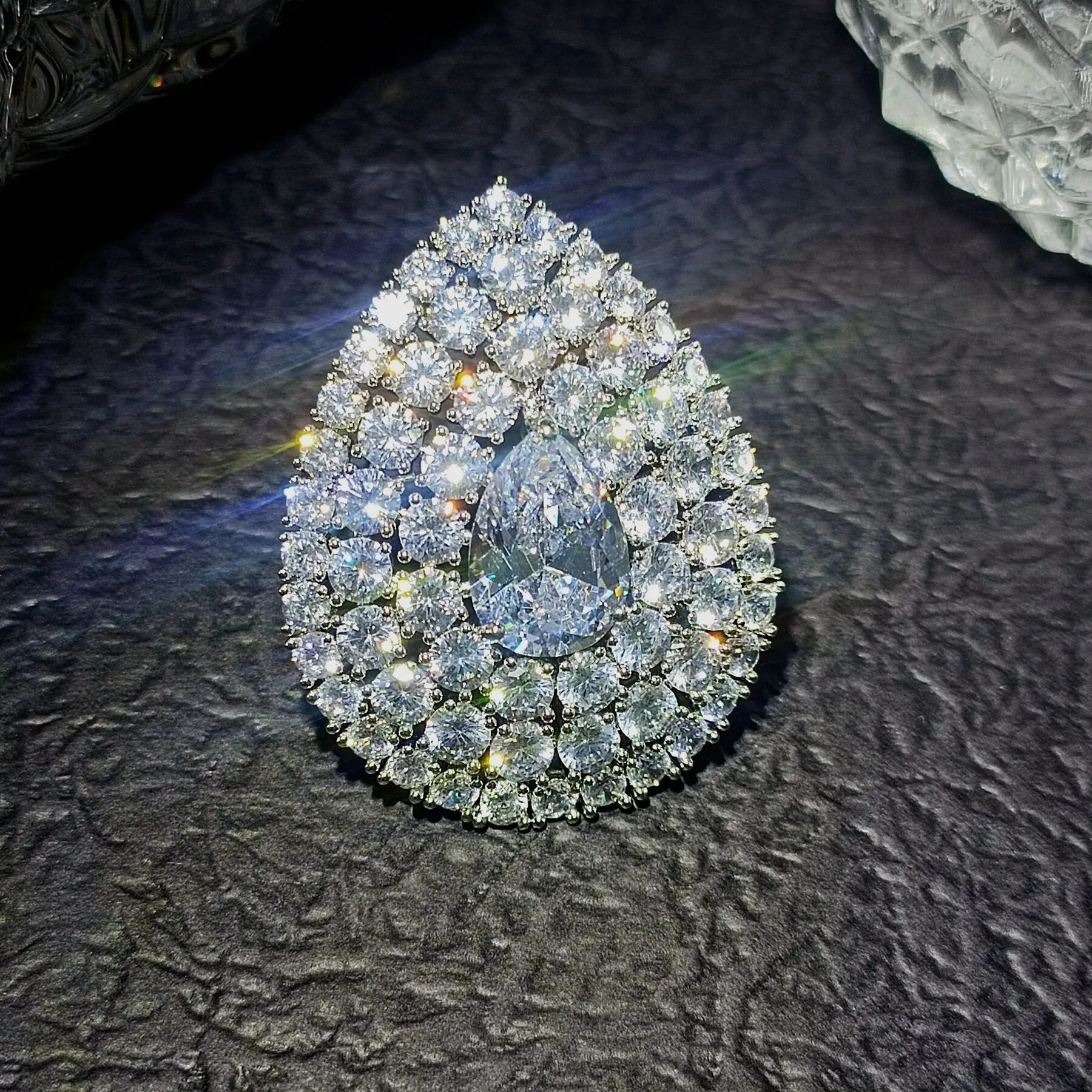 Middle Century Design Clear White Round Pear CZ Brooches Pins Teardrop Jewelry