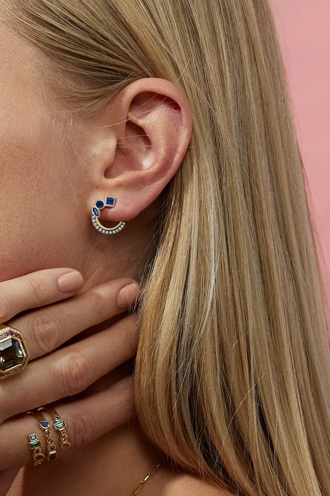 Mini Bezel Crescent Earrings | Blue Sapphire