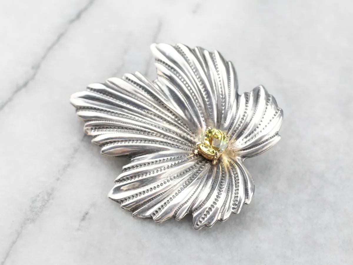 Mixed Metal Mali Garnet Leaf Brooch