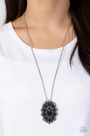 Mojave Medallion - Black - Oval Stone Silver Scalloped Pendant Paparazzi Necklace