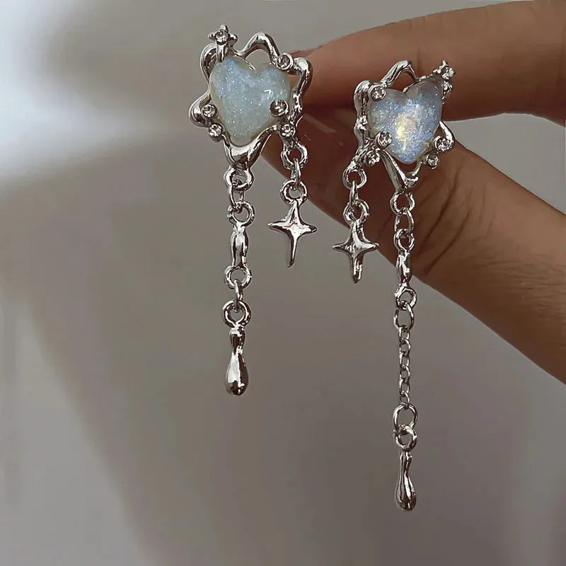 Moonstone Dangle Earrings Irregular Liquid Metal Cross