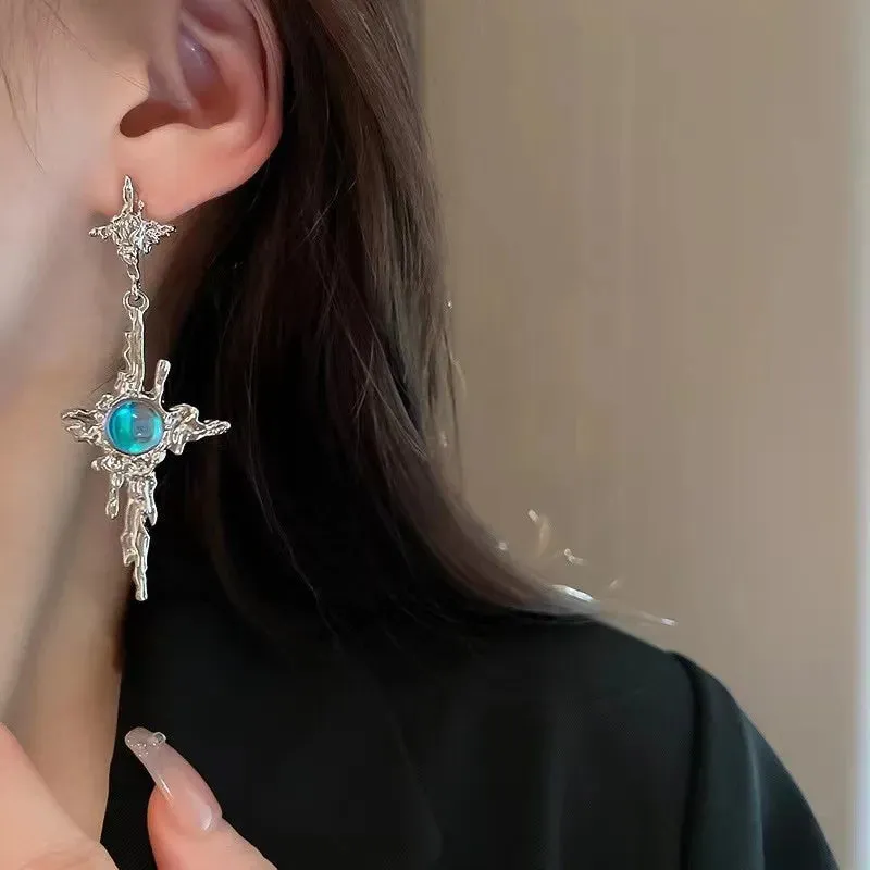 Moonstone Dangle Earrings Irregular Liquid Metal Cross