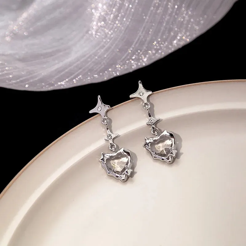 Moonstone Dangle Earrings Irregular Liquid Metal Cross
