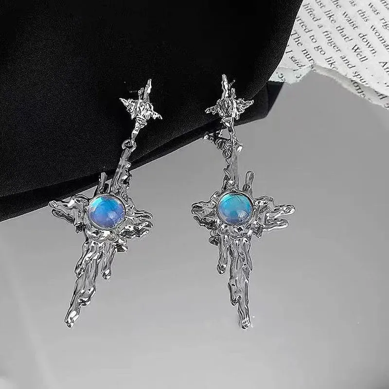 Moonstone Dangle Earrings Irregular Liquid Metal Cross