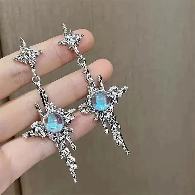 Moonstone Dangle Earrings Irregular Liquid Metal Cross