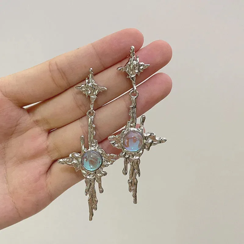 Moonstone Dangle Earrings Irregular Liquid Metal Cross