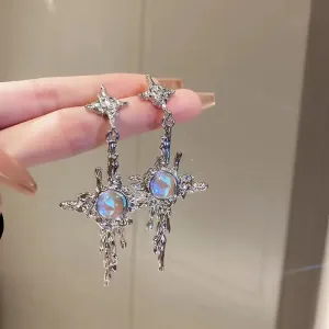 Moonstone Dangle Earrings Irregular Liquid Metal Cross