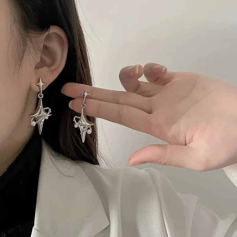 Moonstone Dangle Earrings Irregular Liquid Metal Cross